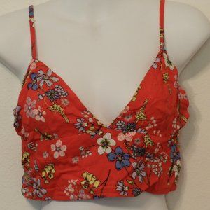 Bright red cotton floral print deep V, smocked back, adjustable strap crop top